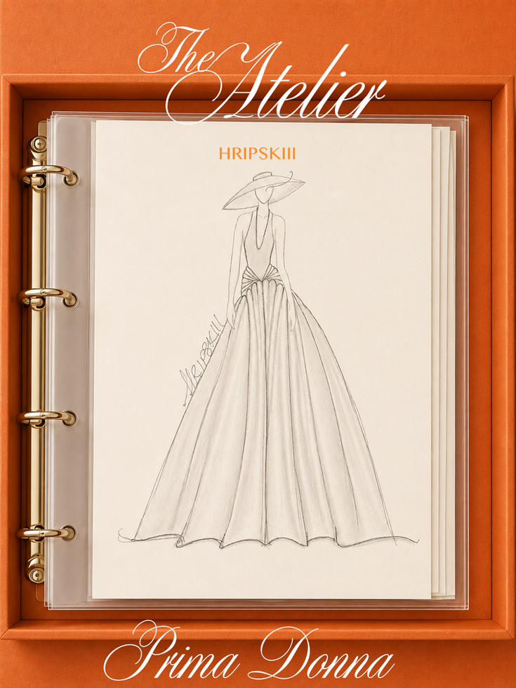 Fashion sketch of the HRIPSKIII Prima Donna gown from the SS26 collection, displayed in an orange atelier portfolio with gold hardware and elegant calligraphy.