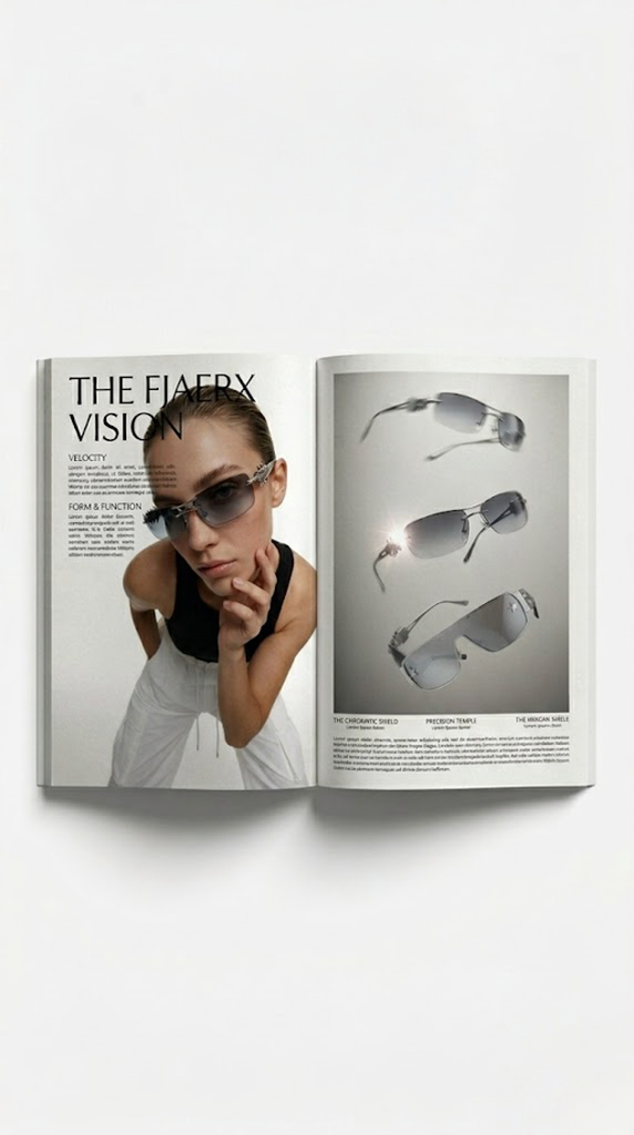 Woman in sunglasses featured in fashion magazine spread.