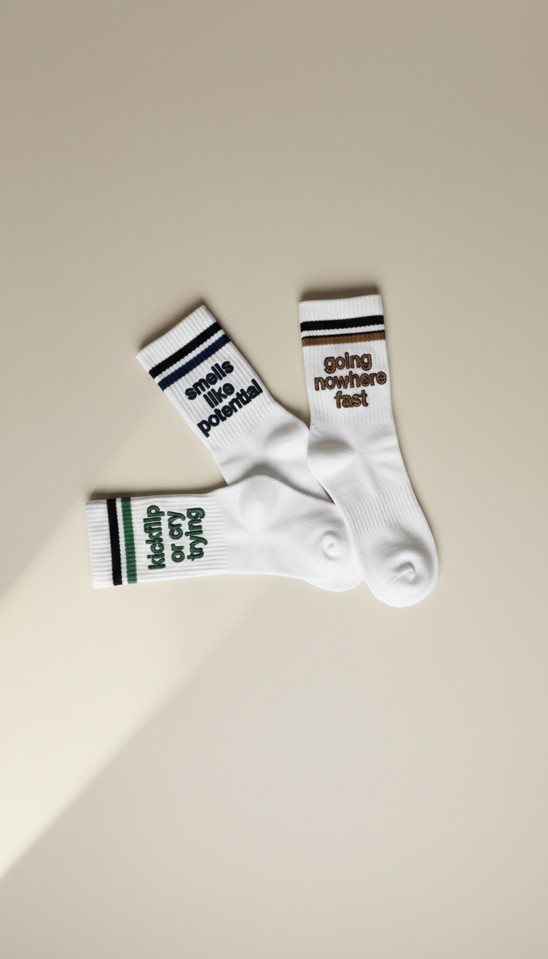 Three white socks with motivational text and stripes.