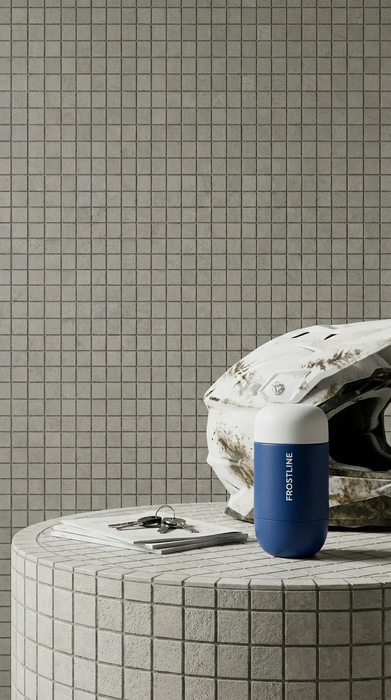 Helmet, blue bottle, and clipboard on tiled surface.