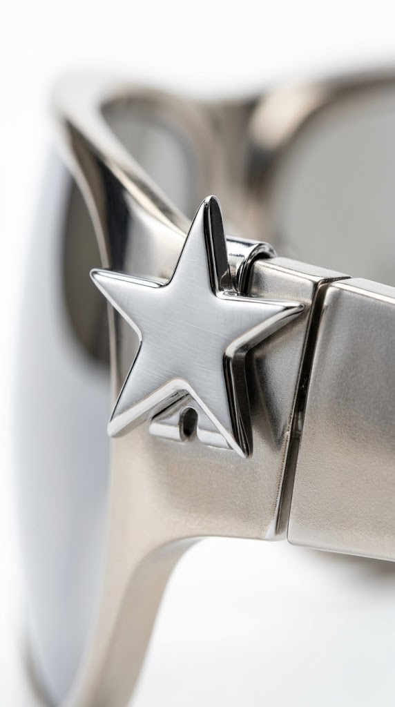 Silver star-shaped metal object on a reflective surface.