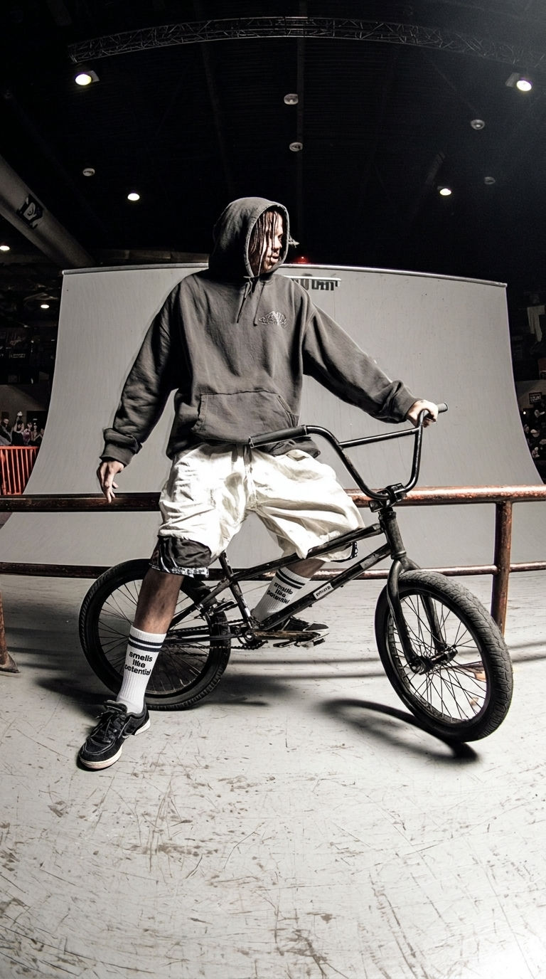 Person on BMX bike wearing hoodie and shorts.
