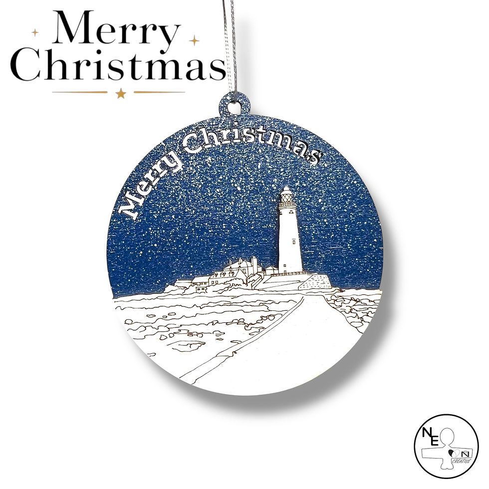 Hand painted St Mary’s Lighthouse Christmas bauble with snowy Whitley Bay landscape.