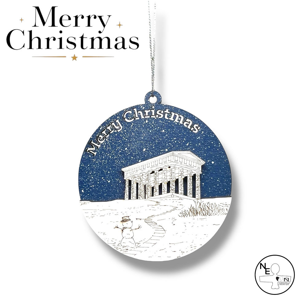 Handmade Penshaw Monument Christmas bauble with snowy North East winter design.