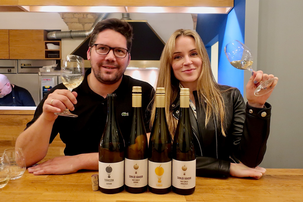 Athena Bochanis of Palinkerie Fine Hungarian Imports (right) and Hungarian winemaker Tamas Kis of Somloi Vandor Winery