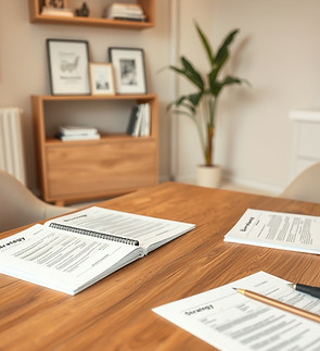 Strategy documents spread across a wooden desk in a warm, inviting office, featuring soft natural light, neutral tones, and a relaxed, comfortable setting.