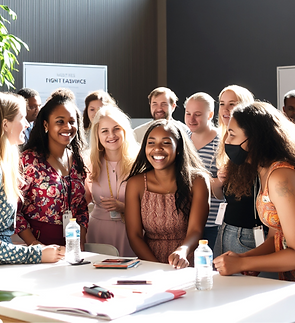 A diverse group of people gathered in a bright, modern space, connecting and engaging in lively conversation around a table in a warm, collaborative atmosphere.