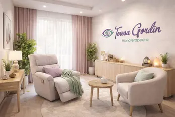 Renderização 3D da sala de atendimento de um consultório com iluminação quente e suave. Na parede principal texturizada em claro, destaca-se o logotipo em relevo com o símbolo e o nome 'Teresa Gordin' em lilás suave e subtexto 'Hipnoterapeuta' em verde. O ambiente conta com uma poltrona do papai reclinável na cor off-white decorada com almofada lilás e manta verde, uma poltrona arredondada na mesma cor, mesa de centro redonda em madeira e cortinas fluidas ao fundo em tom rosa-lavado.