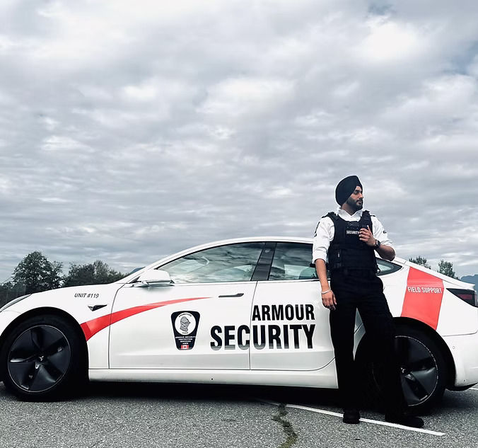 Eye-level view of a security guard monitoring a commercial building entrance