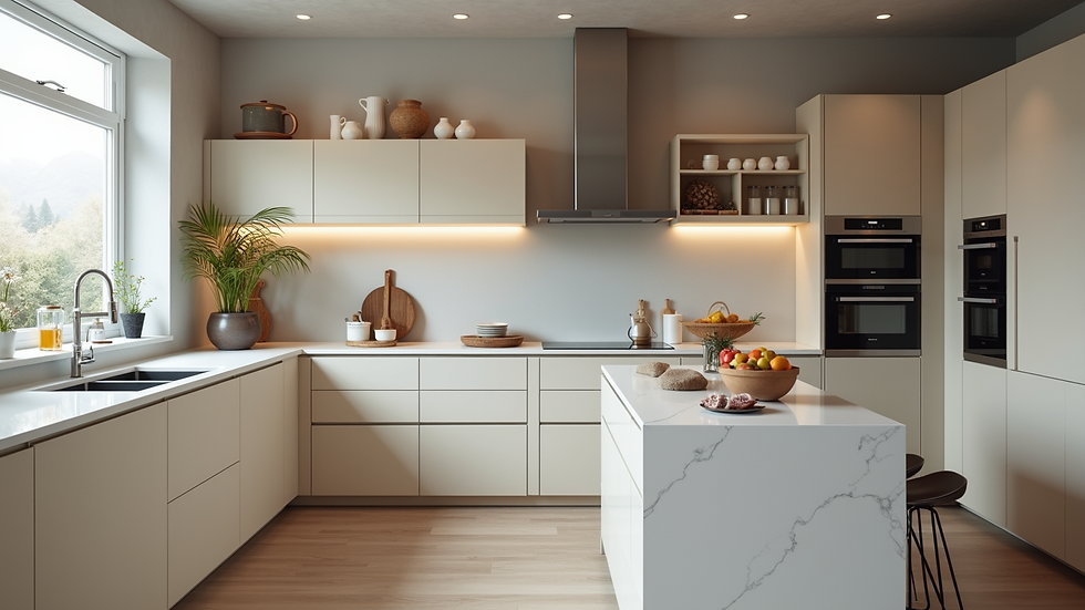 Eye-level view of a modern kitchen with sleek cabinets and a spacious island