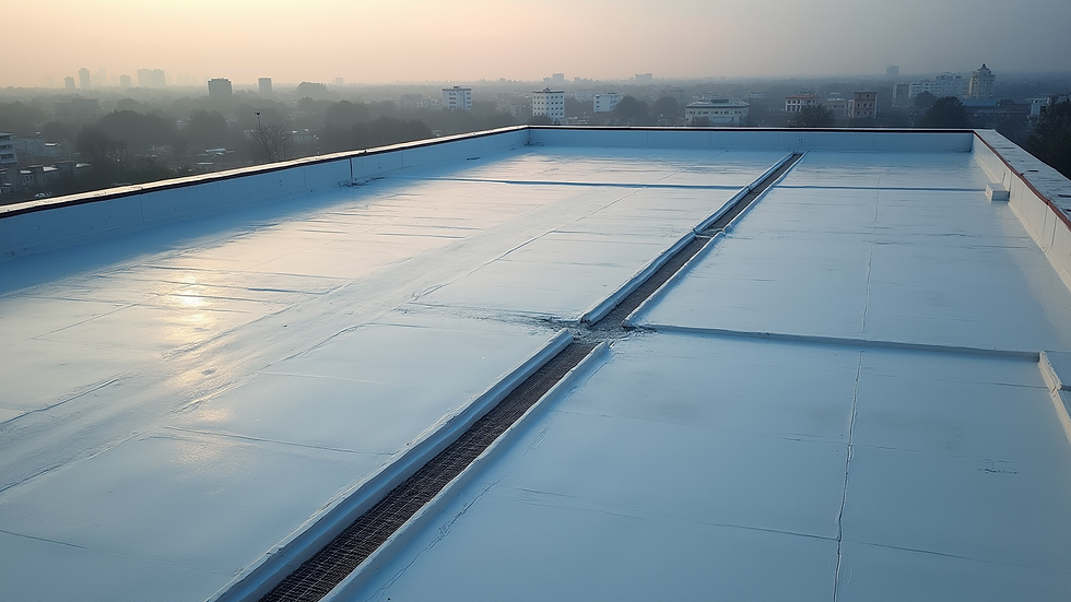 High angle view of flat commercial roof with clean drainage system