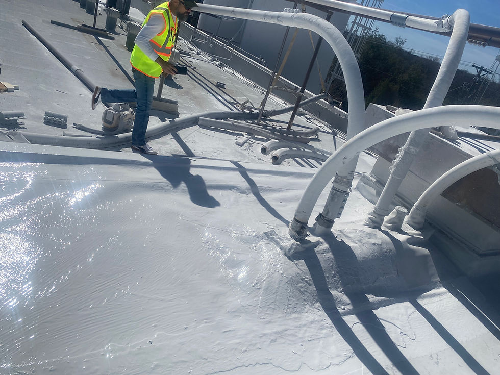 Close-up view of roofing contractor inspecting flat roof membrane
