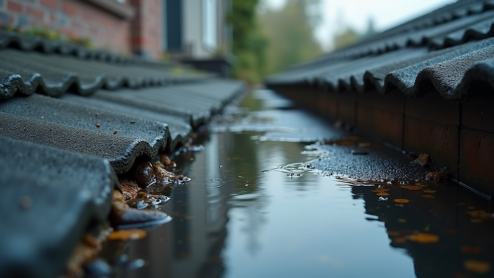 High angle view of roof damage with pooled water