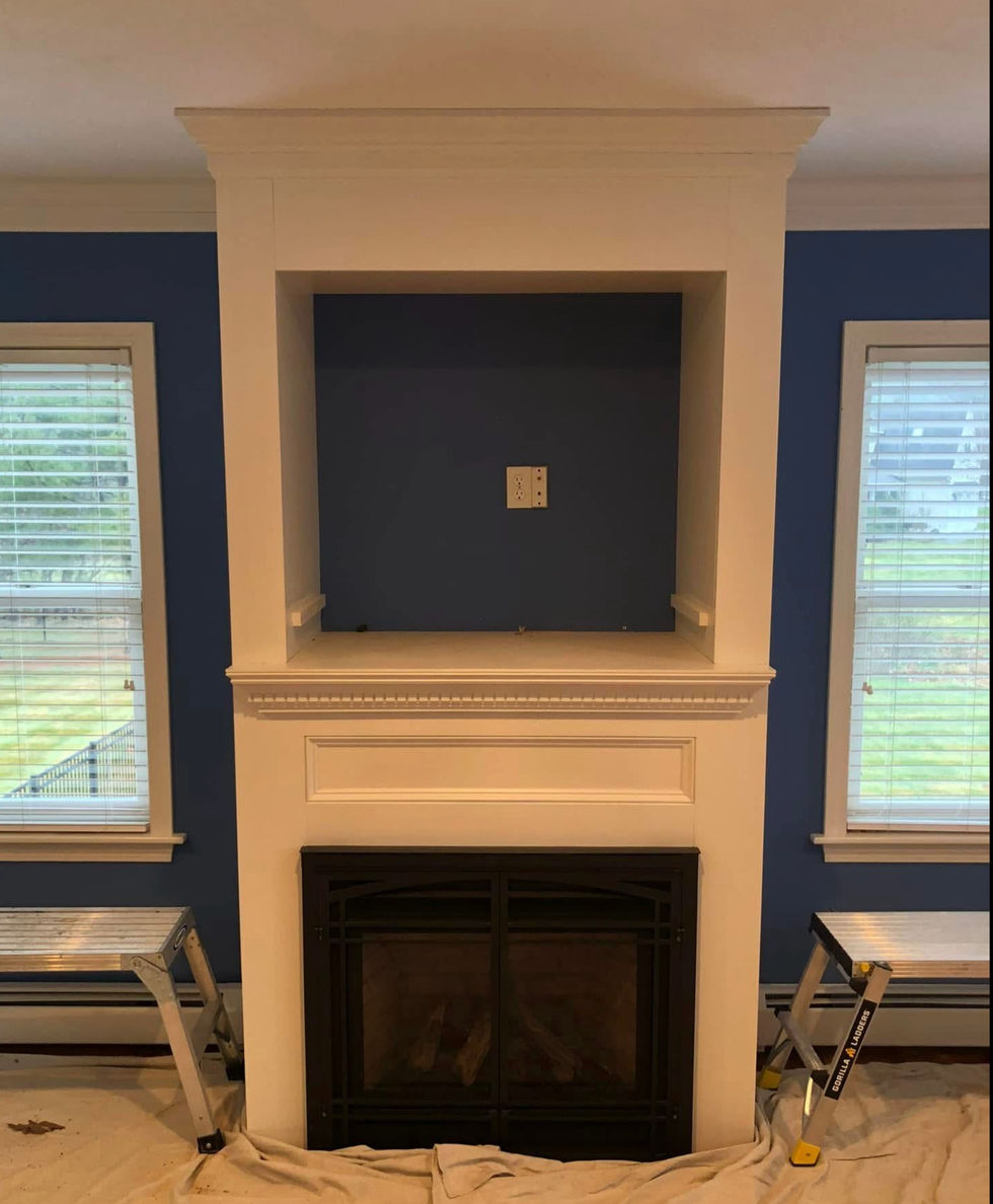 White fireplace with mantel and built-in recess on blue wall