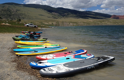 Paddleboards, NRS, Kayaks, fishing, lake, truck, mountains, Newton Lake, Cody Wyoming