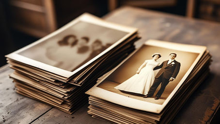 Stapel alter Fotos, Vintage, Hochzeitspaar verschwommen erkennbar