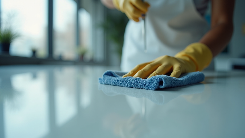 Close-up view of a professional cleaner disinfecting a desk surface with a microfiber cloth