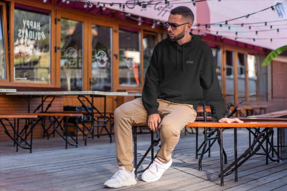 Thumbnail: Unisex 'God' One Word One Change Collection Black Hoodie Pullover Strings