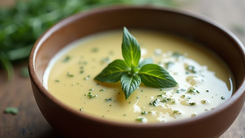 Eye-level view of a bowl with creamy salad dressing and fresh herbs