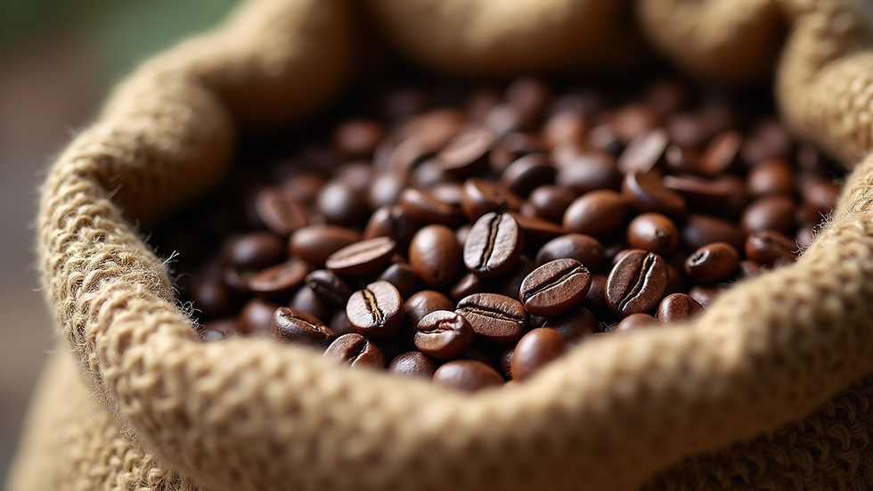 Close-up view of coffee beans in a rustic sack