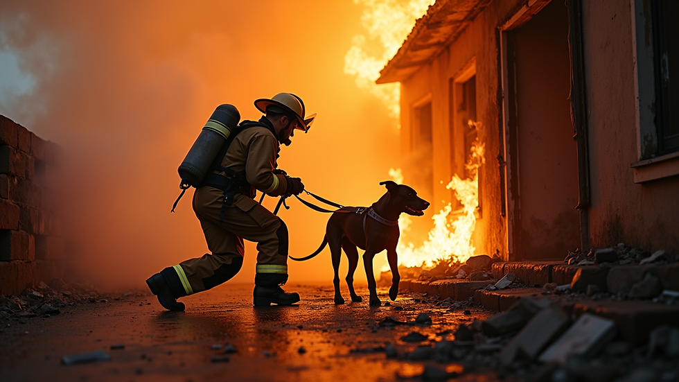 Eye-level view of firefighter rescuing a dog from a burning building