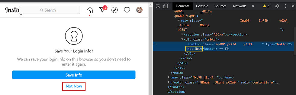 a screenshot of Instagram's first alert, along with the source code of it's "Not Now" button