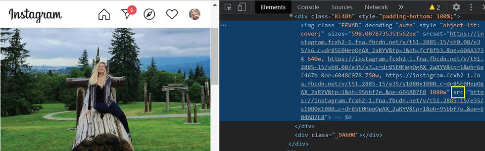 a screenshot of a given Instagram image, long with it's source code from the developer tools