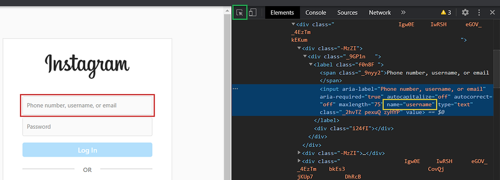 a screenshot of the developer tools, targeting the username input of instagram.com