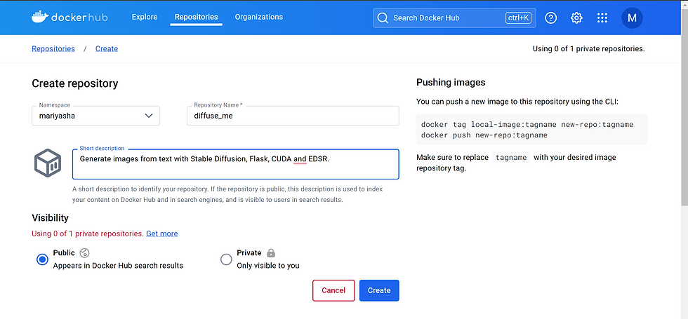 a screenshot of creating a repository on DockerHub