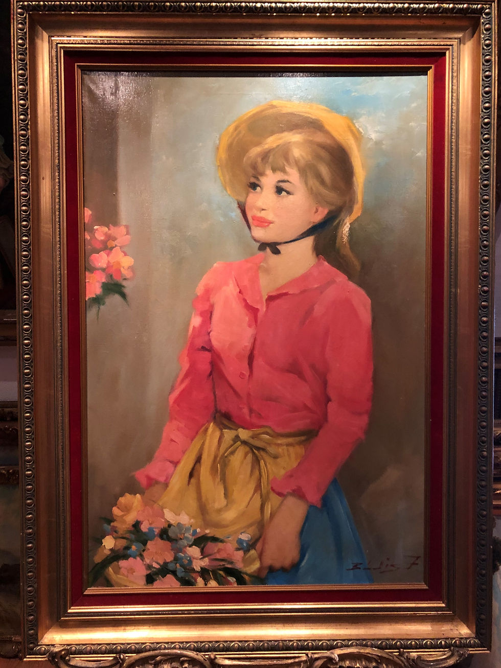 Thumbnail: HUGE OIL PAINTING SIGNED & 1972 Eugene de Blaas Style BEAUTIFUL WOMAN & FLOWERS