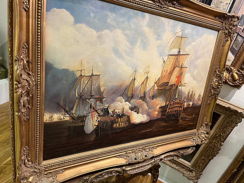 Thumbnail: Oil PAINTING HMS Sandwich &The Fleet in Battle 20th Century OLD MASTER STYLE GGF