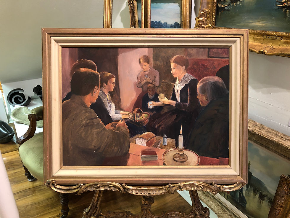 Thumbnail: Oil PAINTING in a Early Van Gogh Style Fine Original Large Family Dinner Scene