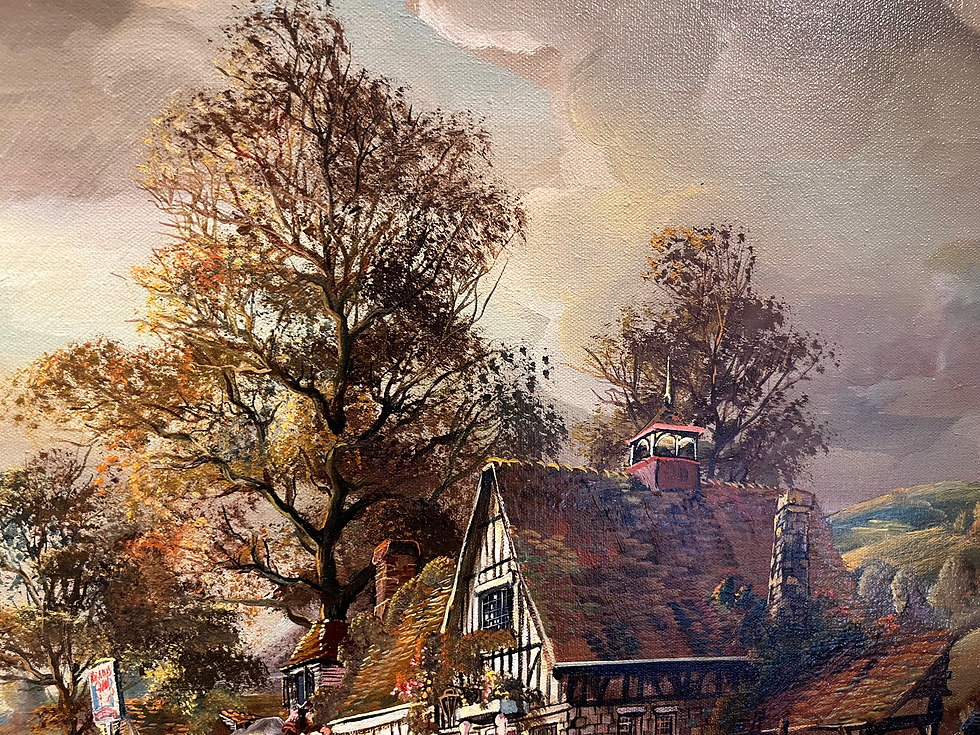 Thumbnail: HUGE FINE OIL PAINTING  VILLAGE PUB SCENE MID 20TH CENTURY