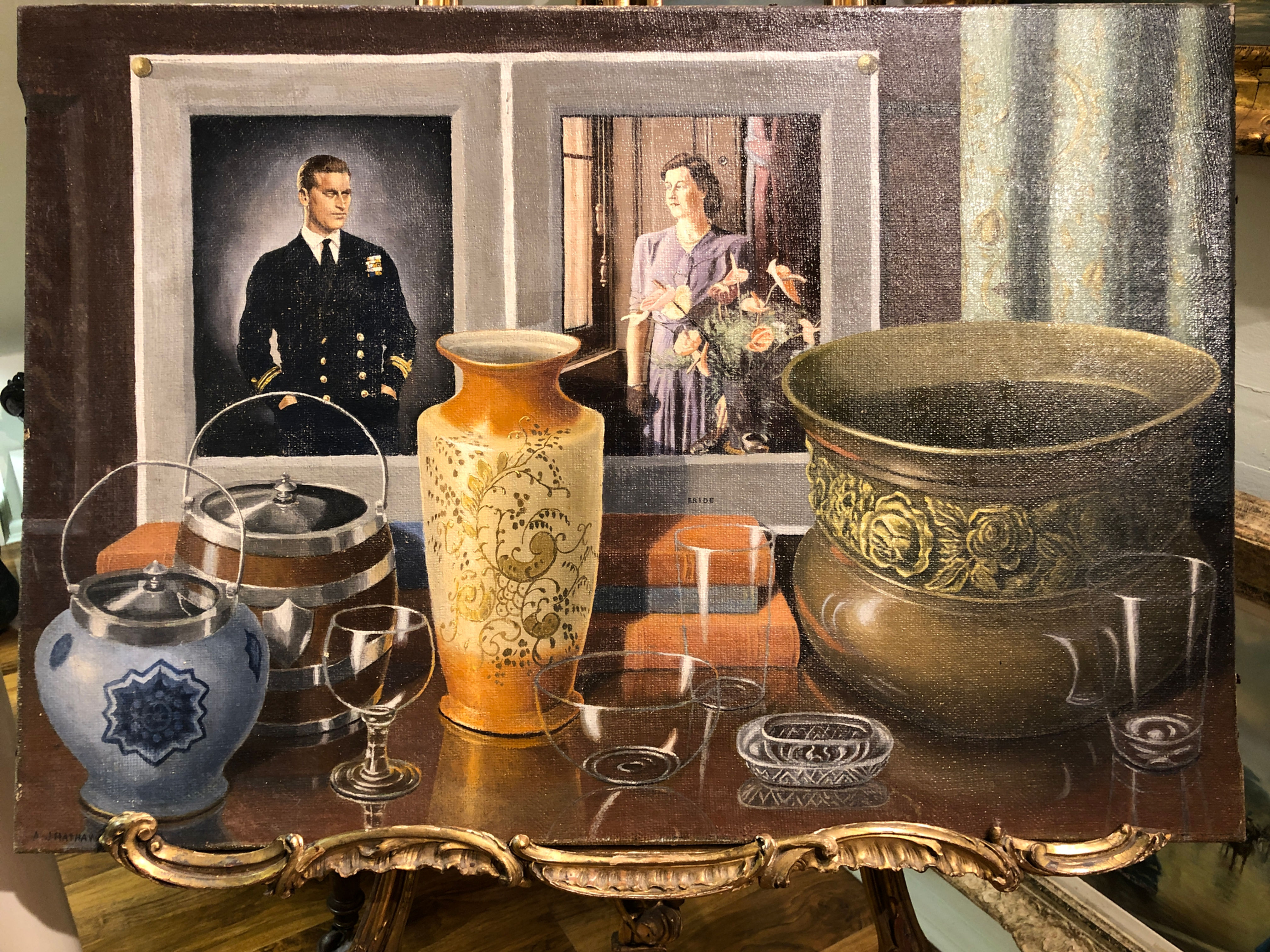 THE QUEEN & PRINESS PHILIP ROYAL PIECE 1947 OIL PAINTING 20th CENTURY