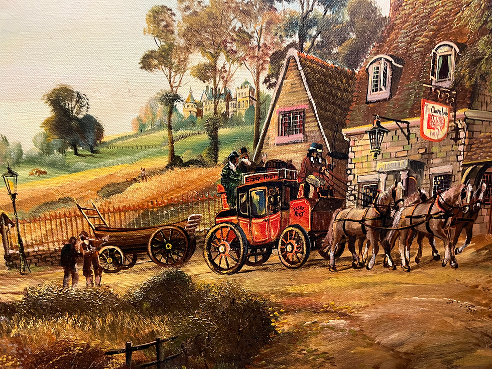 Thumbnail: HUGE FINE OIL PAINTING  VILLAGE PUB SCENE MID 20TH CENTURY