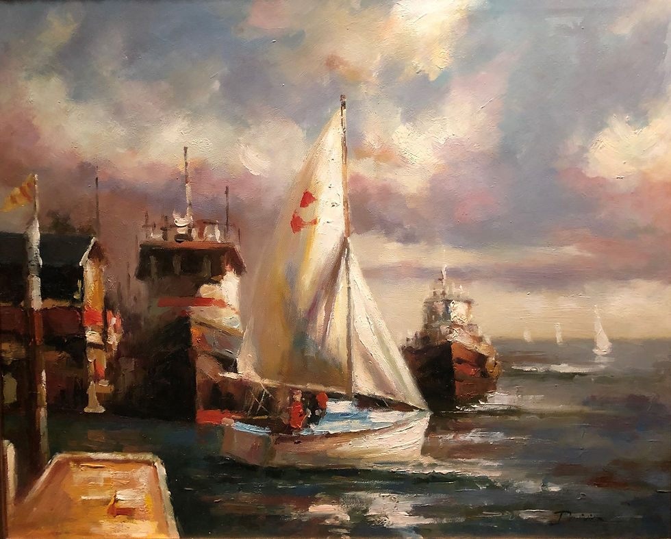 Thumbnail: OIL PAINTING IMPRESSIONISM BY DAVIVE 20th CENTURY MAN of WAR SHIPS GOLD FRAME
