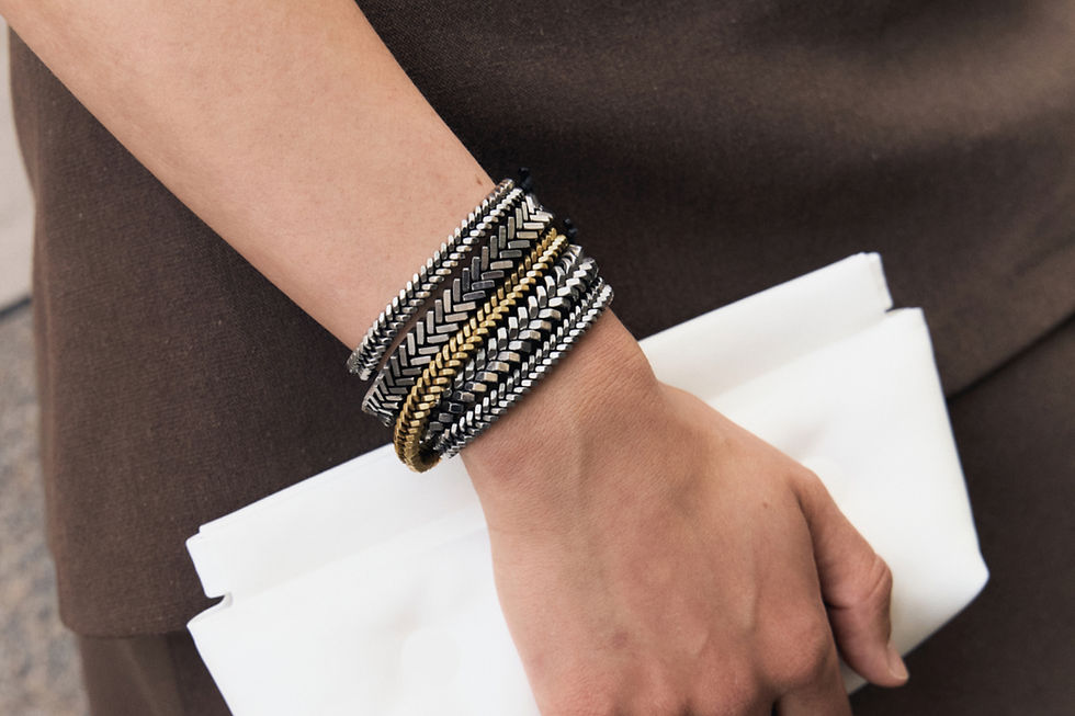 Nahaufnahme der hand mit fünf Armbändern aus unterschiedlichen Muttern