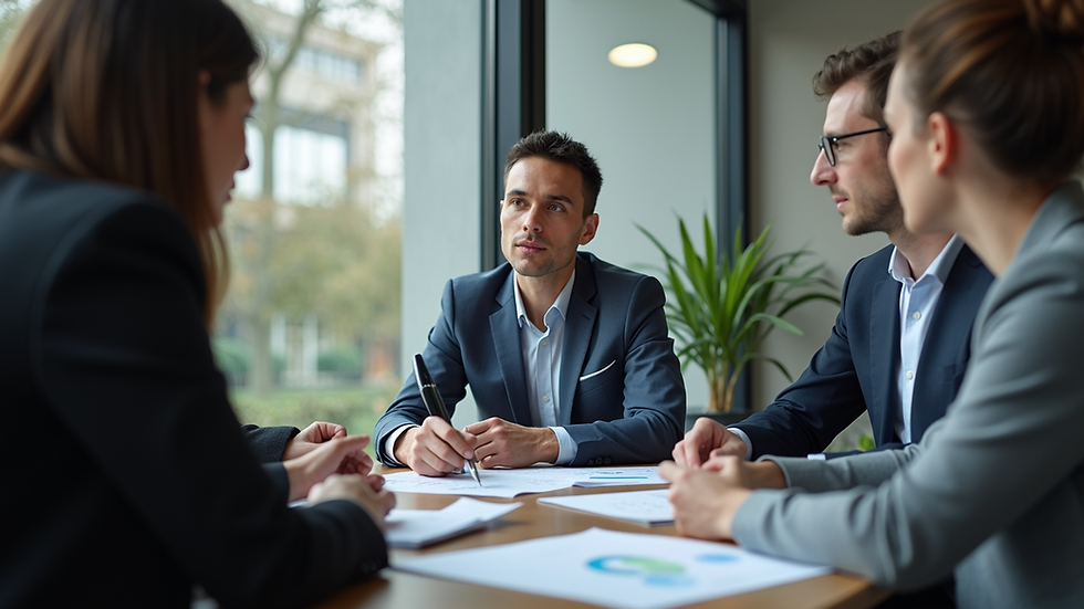 Eye-level view of a consultant discussing strategies with a business team
