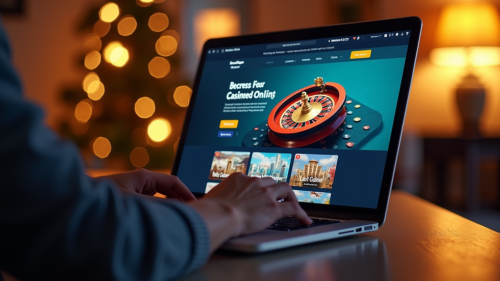 Eye-level view of a laptop displaying an online casino homepage