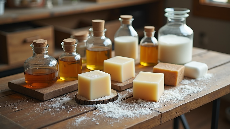 High angle view of soap making supplies including oils, lye, and molds on a wooden table