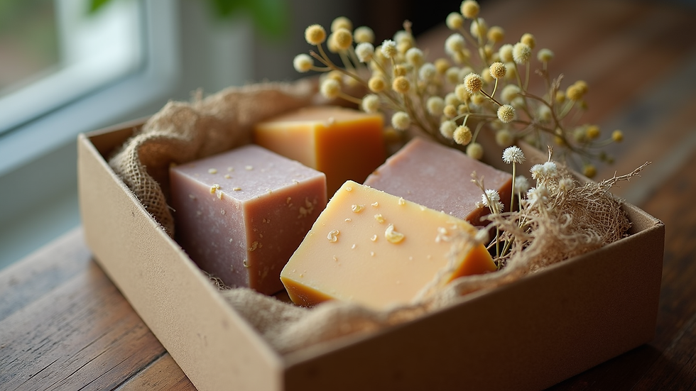 Eye-level view of a rustic gift box filled with natural soap bars and dried flowers