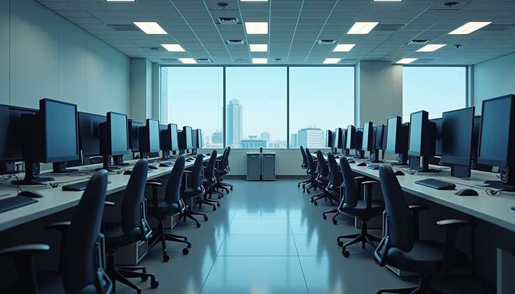 Eye-level view of a modern AI research lab with empty desks and computer screens
