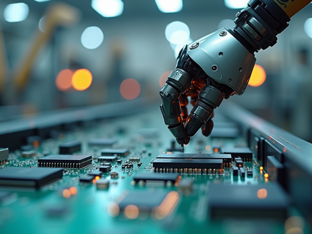 Eye-level view of a robotic arm assembling electronic components on a factory line
