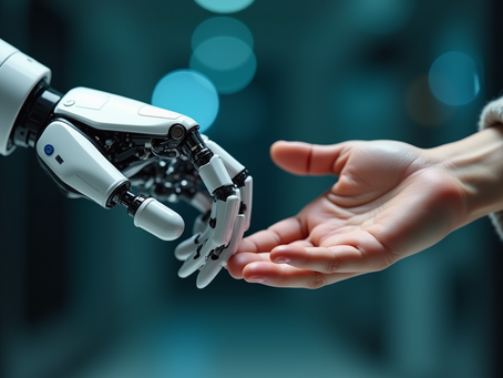 Eye-level view of a robotic arm interacting with a human hand