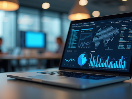 Eye-level view of a modern office desk with a laptop displaying AI data analytics