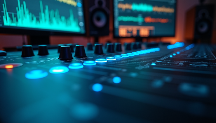 Eye-level view of a digital music workstation with AI-generated sound waves on screen