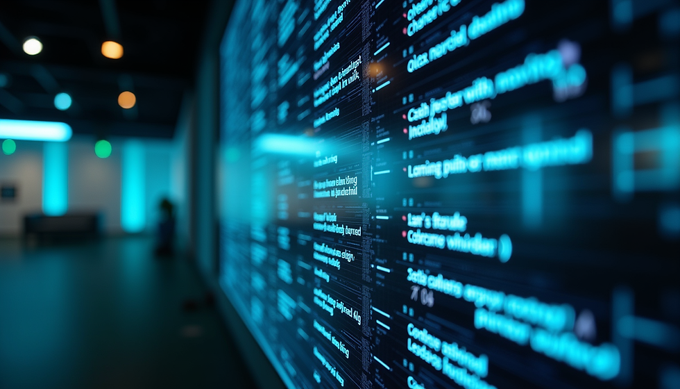 Eye-level view of a futuristic AI interface displaying extensive text data