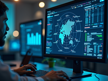 Eye-level view of a sleek computer workstation displaying AI data analytics