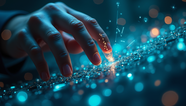 Close-up view of a futuristic nano claw device interacting with a digital brain model
