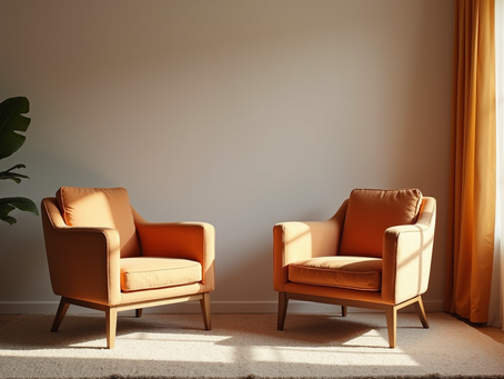 Eye-level view of a cozy living room with two chairs facing each other, symbolizing a safe space for conversation